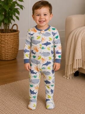 Toddler Sea Life Footed One-Piece Pajamas - White with Blue Trim